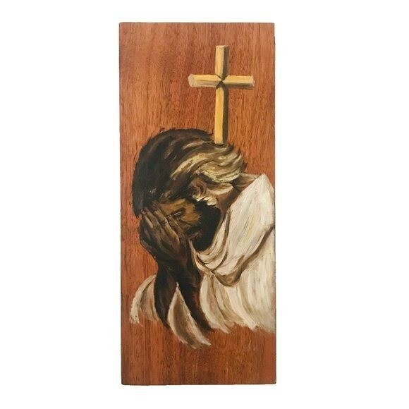 Vintage Original Painting On Wood Jesus In Prayer Hand Painted 11″ x 4.5″