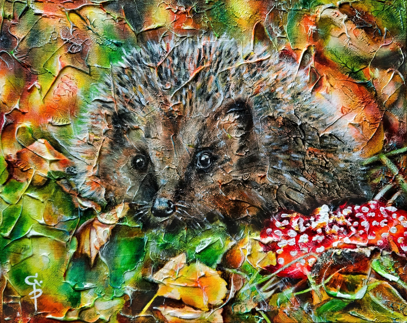 Original Hedgehog Painting Oil Acrylic Autumn Nature Fly agaric Cute Animal Art