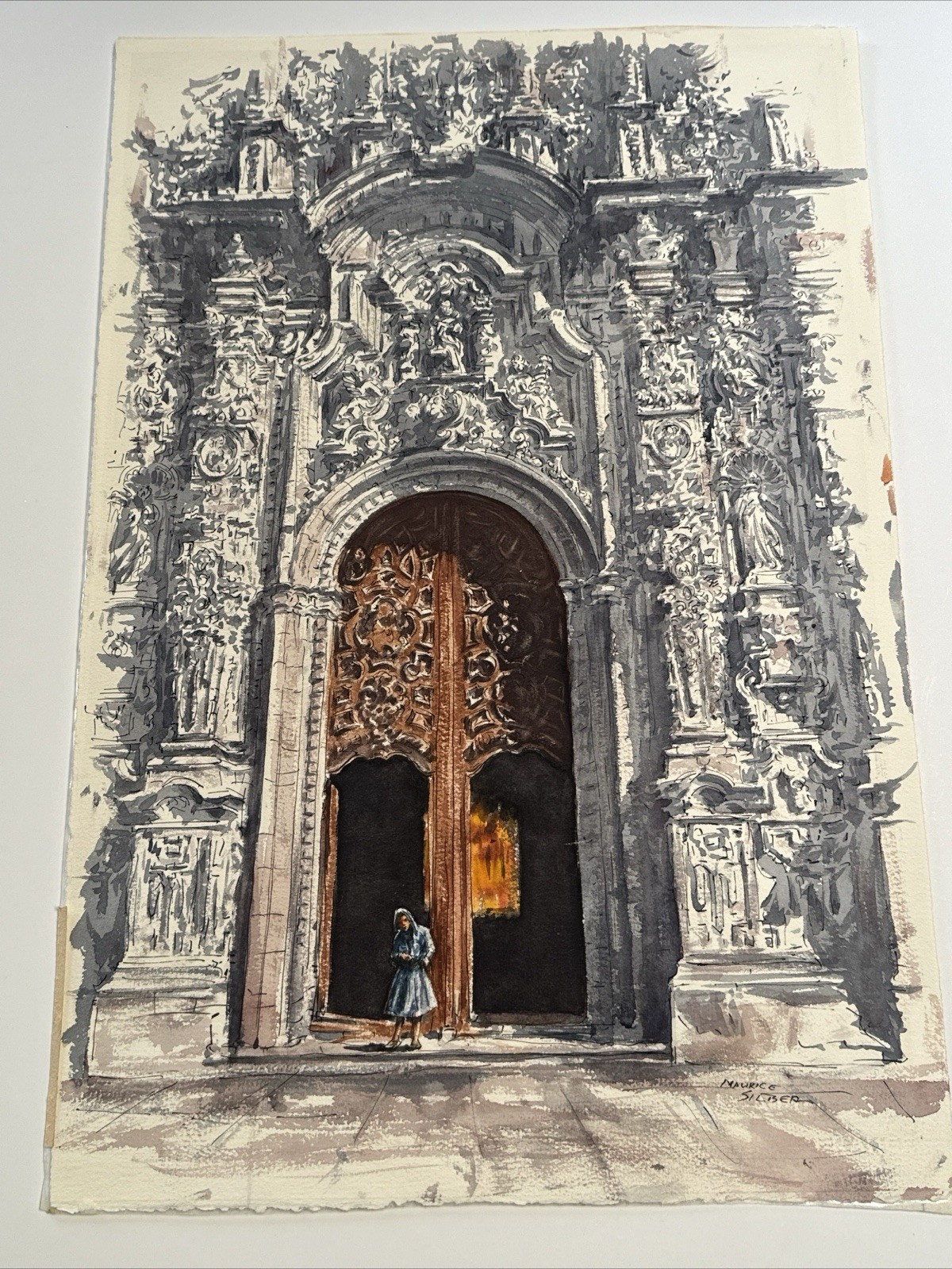 MUSEUM QUALITY PAINTING ARCHITECTURAL SOUTH AMERICA CHURCH MAURICE SILBER 1970