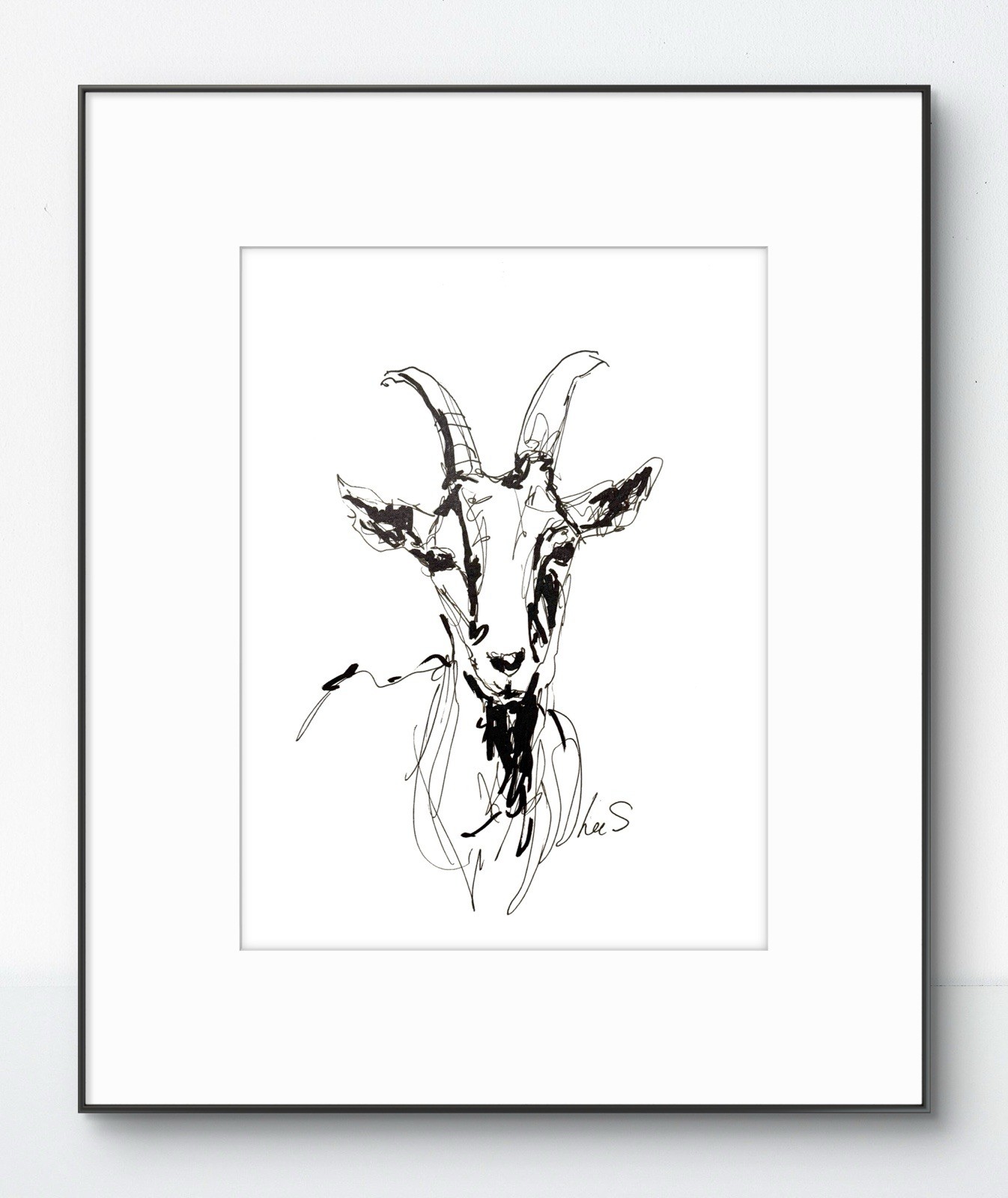 Original Abstract Expressive 9X12 Goat Paper Ink Drawing Handmade Signed 13