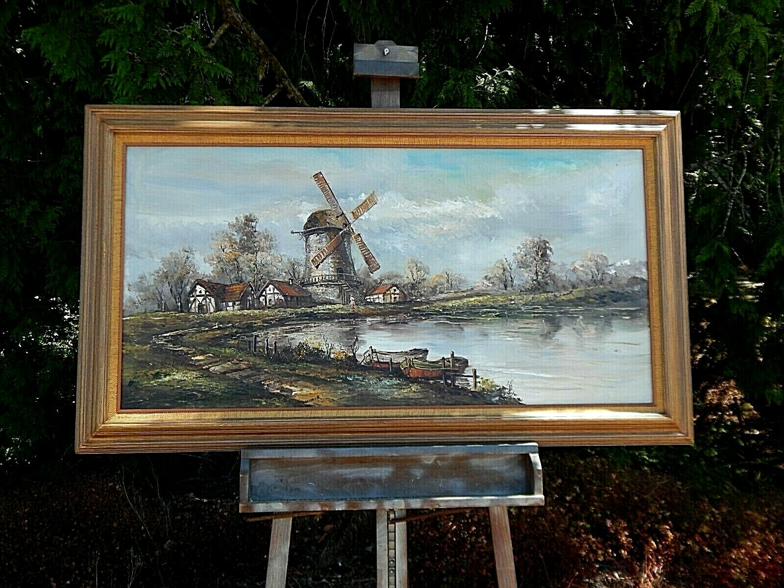 Dutch, Netherlands, Amsterdam Windmill, Very Old Original Oil Painting, 48 X 24.