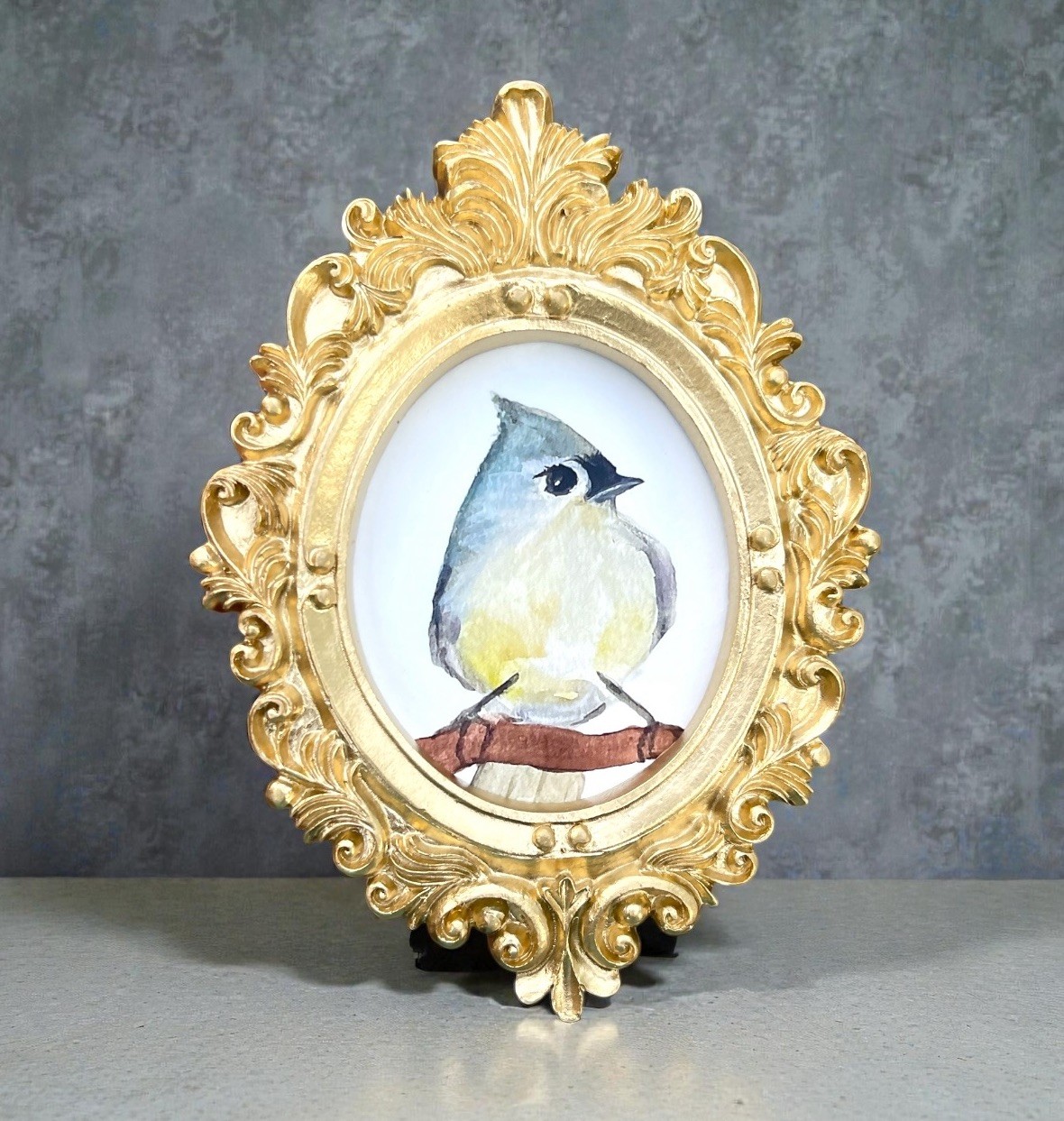 Tufted Titmouse bird watercolor print in mini gold vintage style ornate frame