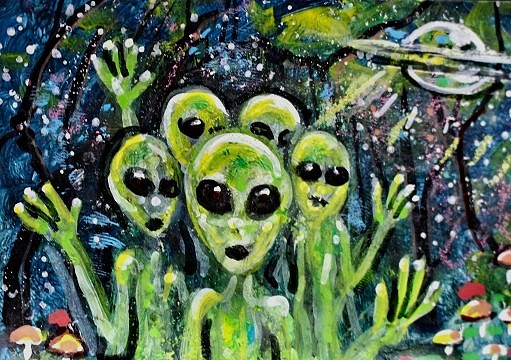 Original ACEO Painting ALIEN Mushrooms Stars ET Martian Universe UFO ATC ART