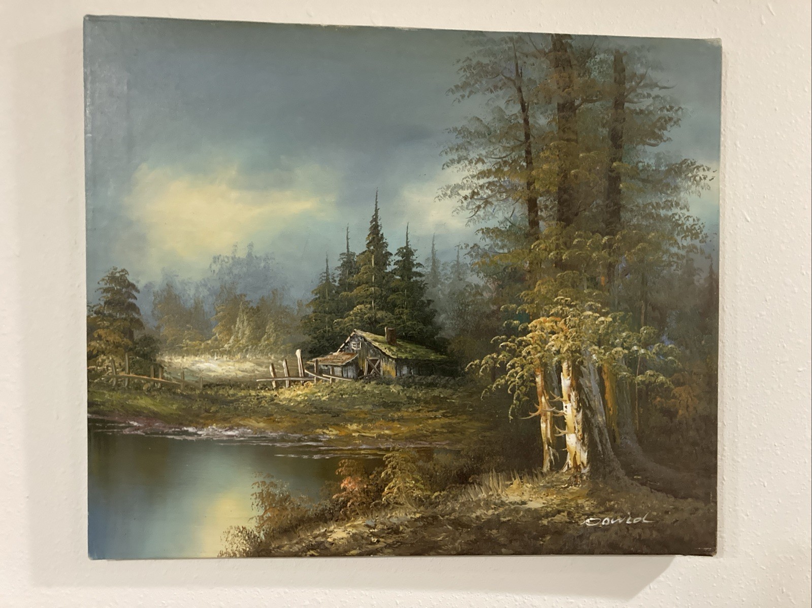 Oil On Canvas Painting, Cabin in Forest Landscape, 20 X 24 Artist Sign Vintage