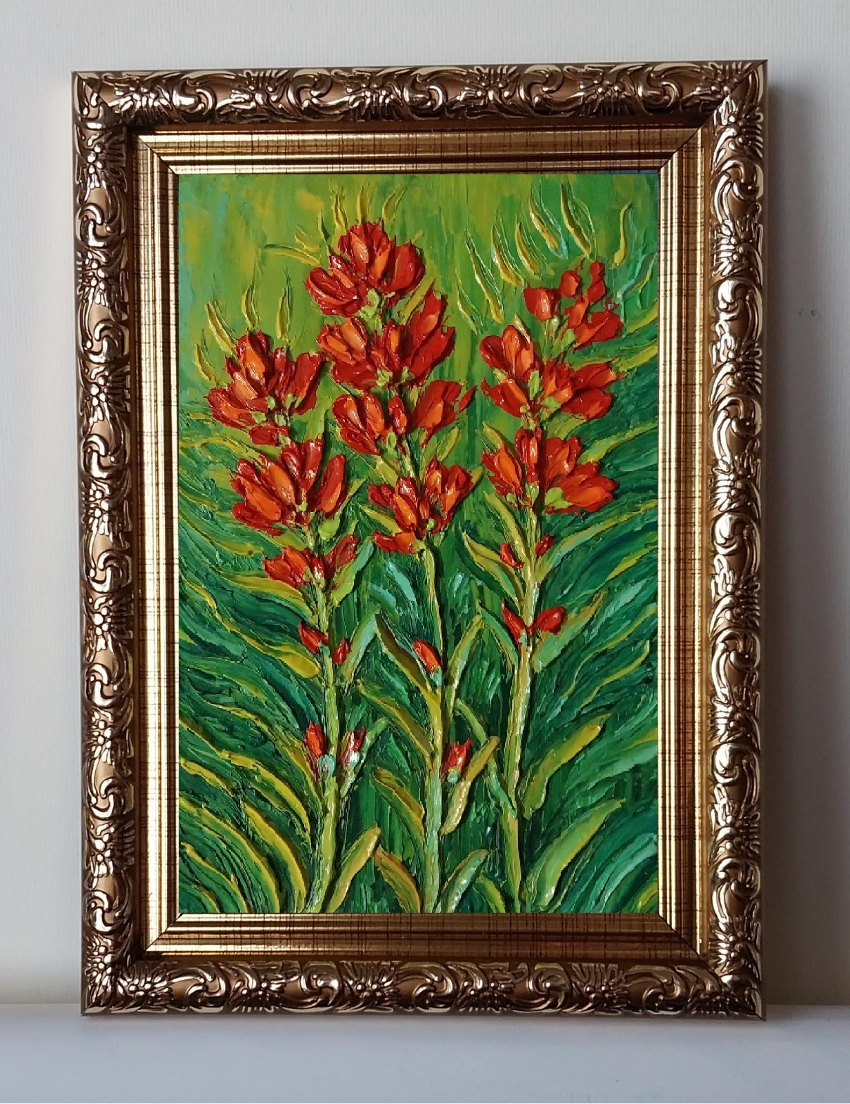 Framed Indian Paintbrush Flower American Wildflowers 4×6″ Oil Painting Original
