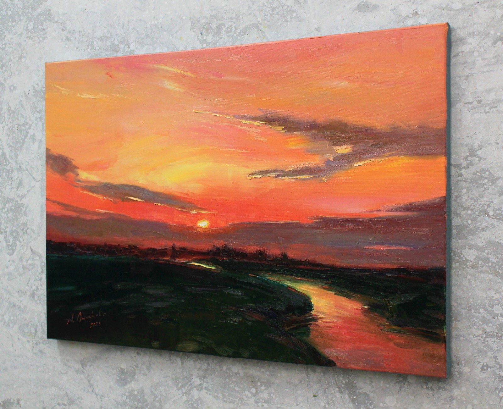 Sunset river painting IMPRESSIONISM original art Oil on canvas by A Onipchenko