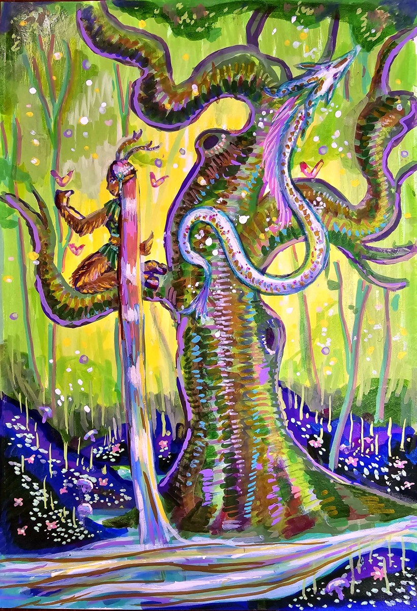 Original OOAK Satyr Maiden and Dragon 9×12 Acrylic/Ink Painting by Jo Luizen
