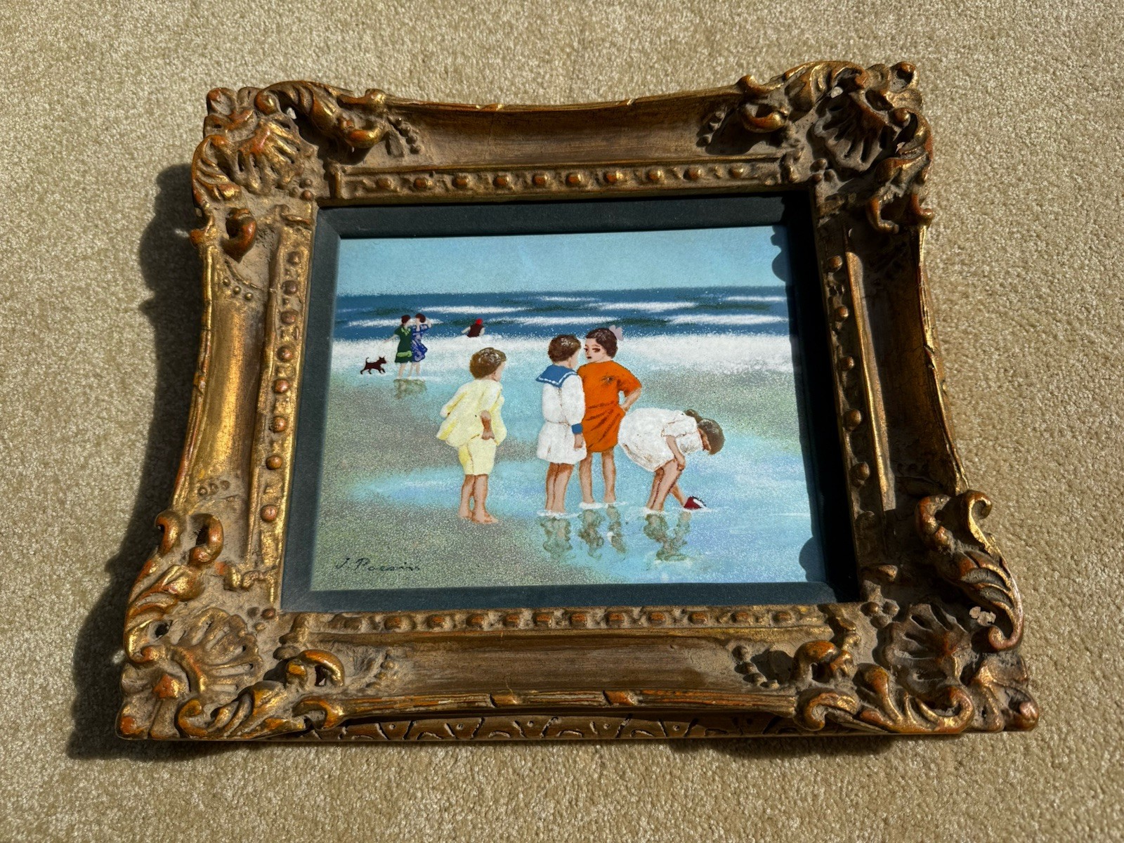 Girls On Summer Beach Signed French Impressionist On Copper Enamel Painting