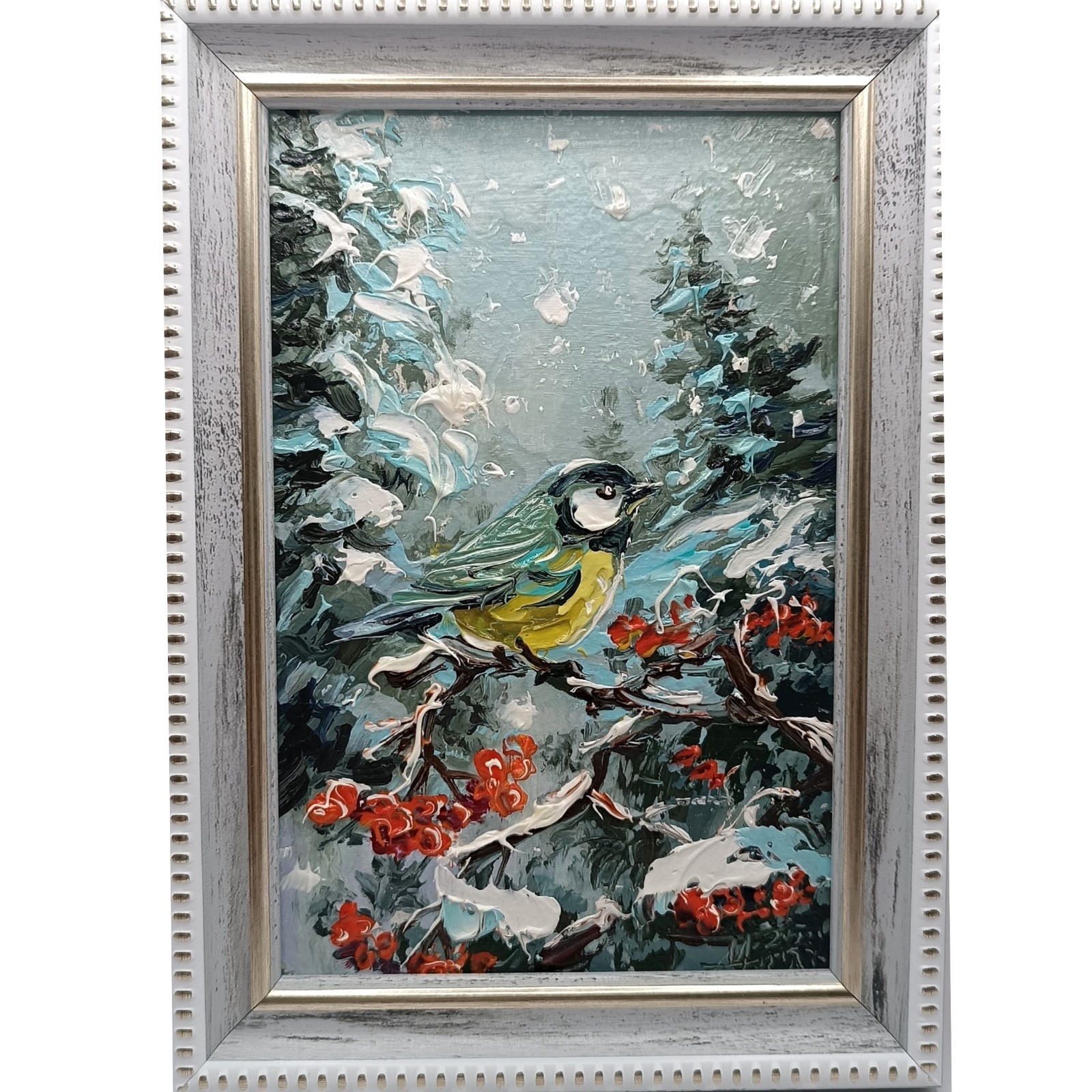 Winter Tit Original oil painting Impasto Signature Size 6*4 Winter landscape