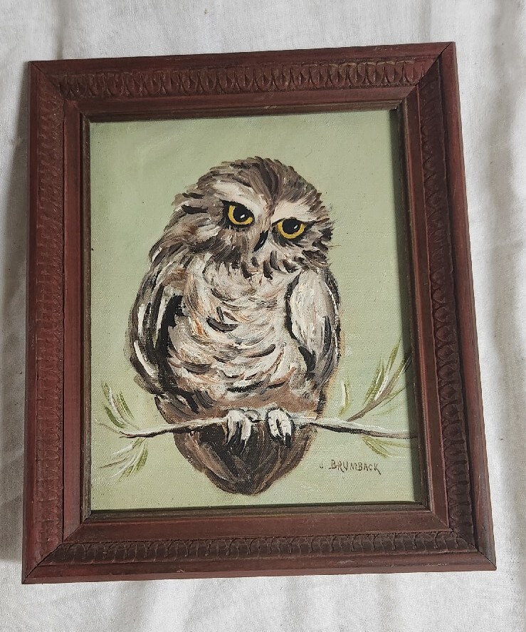 Original Owl Painting J Brumback 12×10 Wood Frame Artwork Cute Vintage