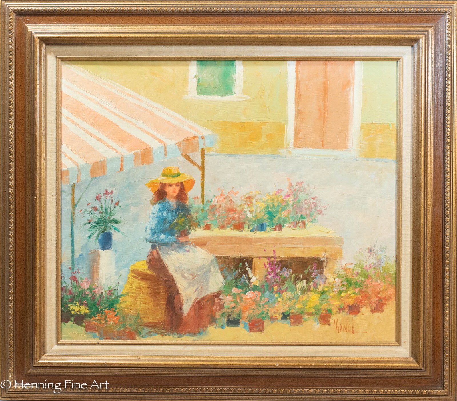 Beautiful Vintage John Manol Impressionist Oil Painting Woman Flower Seller 1/4