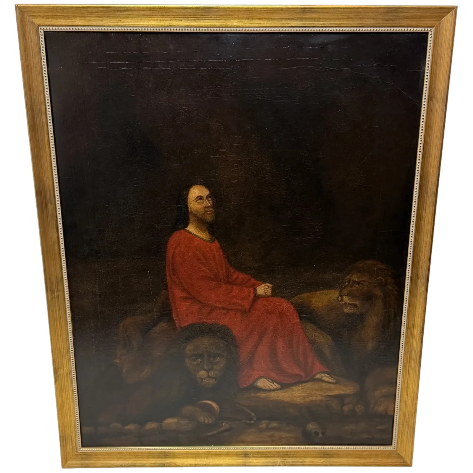 Victorian Biblical Narrative Oil Painting Daniel in the Lions Den c1881 Framed