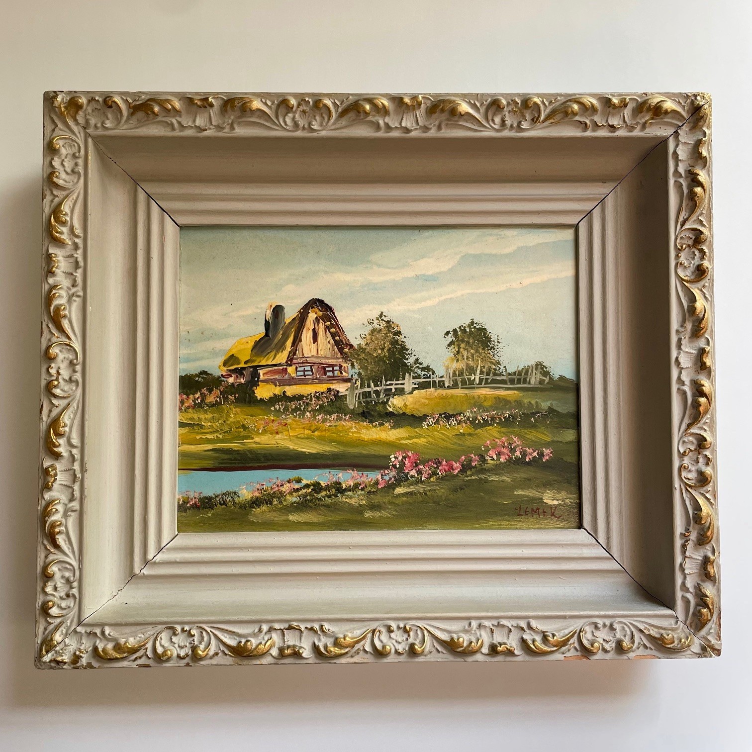 Antique European Landscape Oil Painting Cottage Folk Art Nature signed Zemek