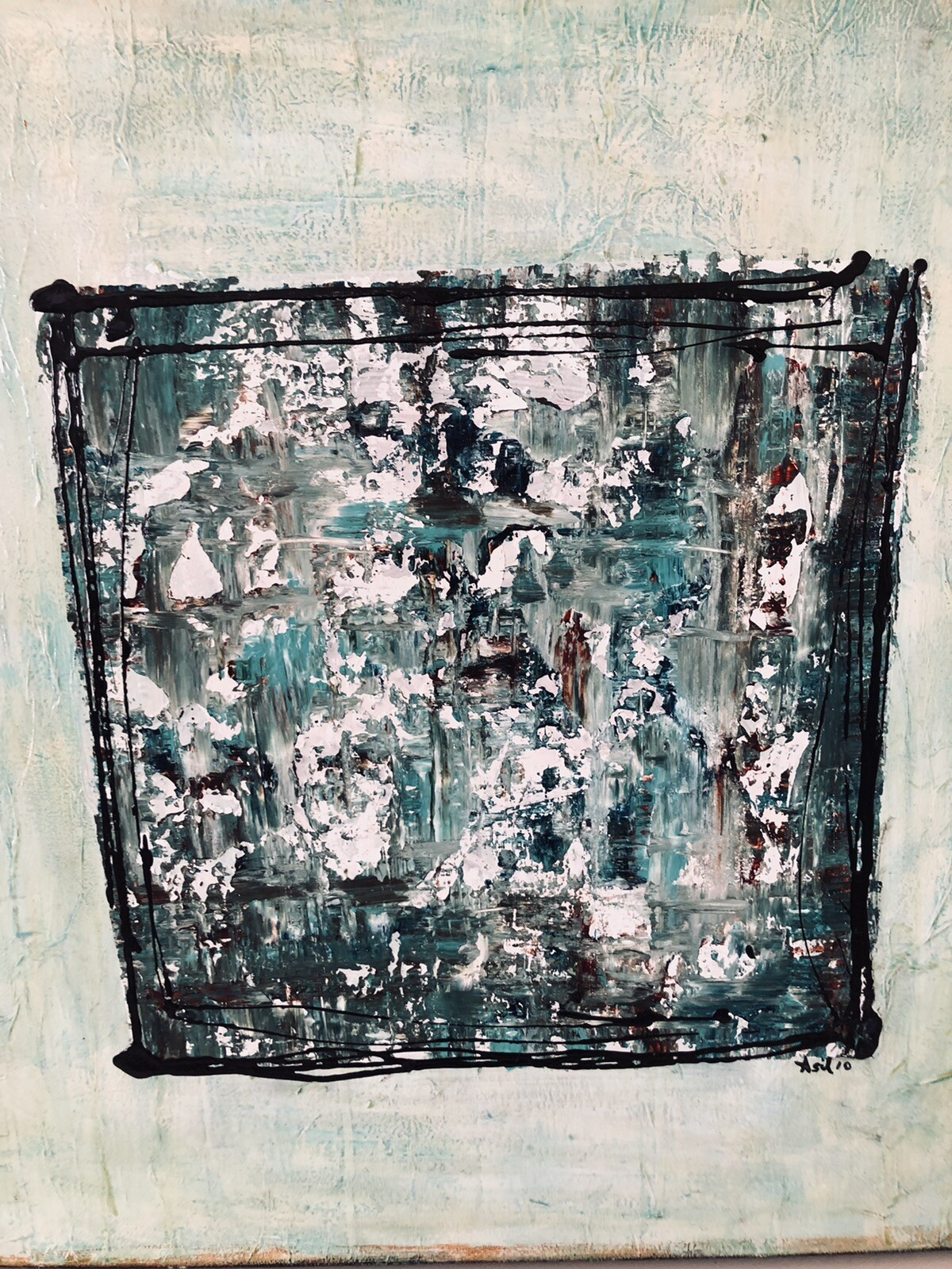 Original Abstract Acrylic Collage Painting By Lisa Carney: “Faded Peppermint”