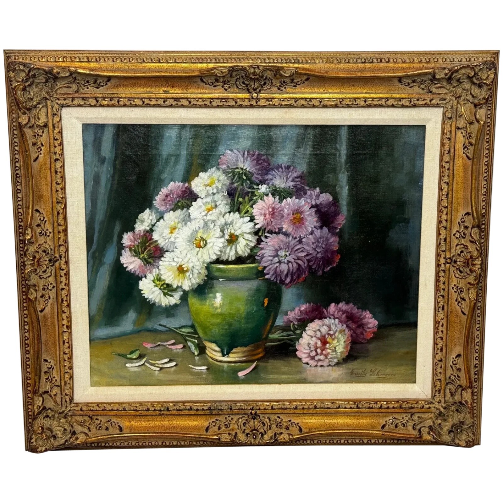 Victorian Still Life Oil Painting Flowers Chrysanthemums In Vase Emily Selinger