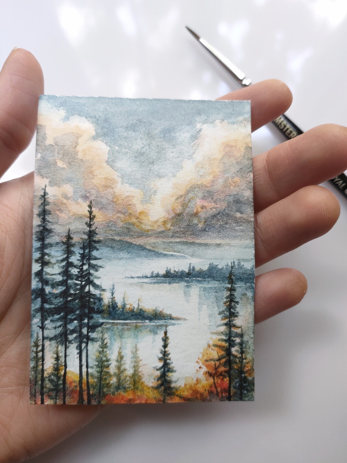 Original ACEO Miniature Landscape Painting | Watercolor Mountains, Lake & Forest