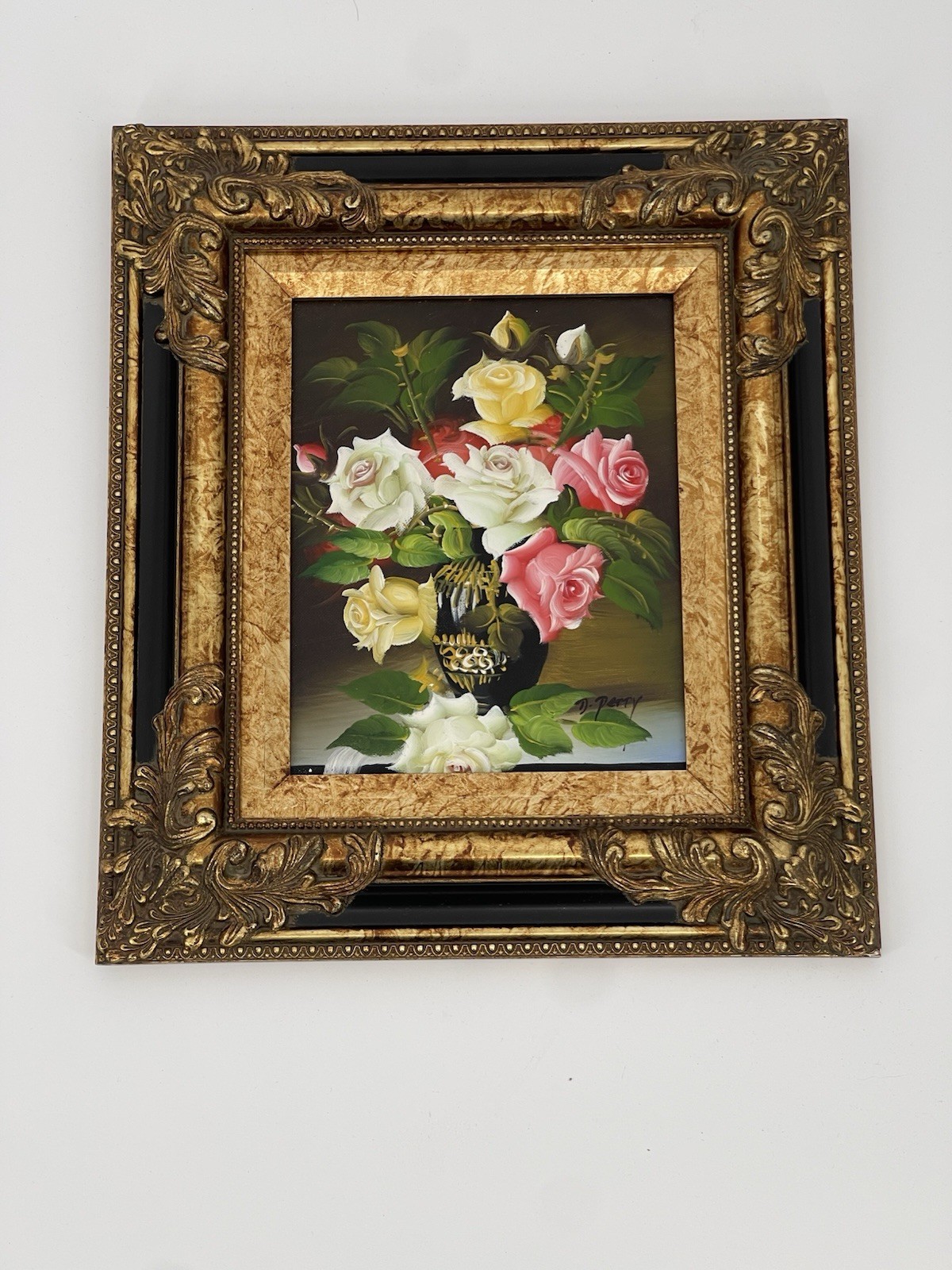 Signed D. Perry Oil Painting Roses Still Life Ornate Gold Frame Floral Art