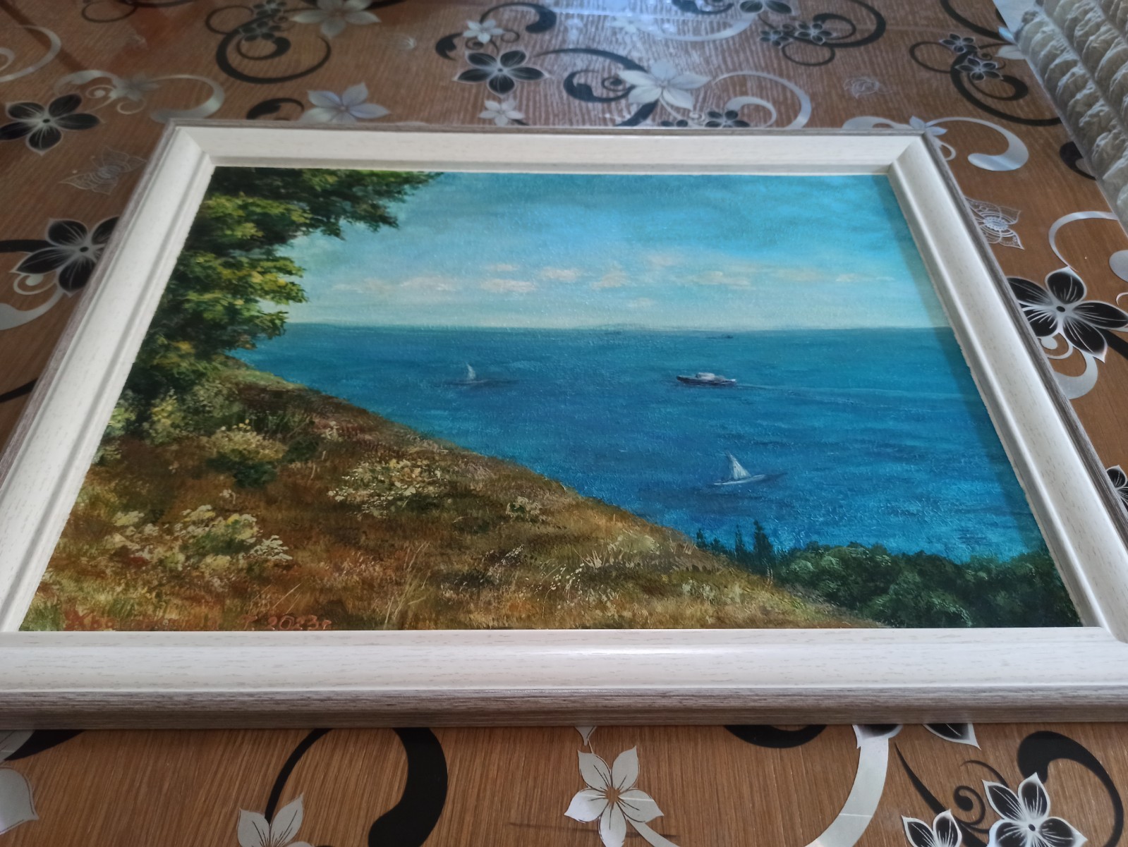 Original Gouache Painting View from Mount Canvas Cardboard 30x40cm Signed Framed