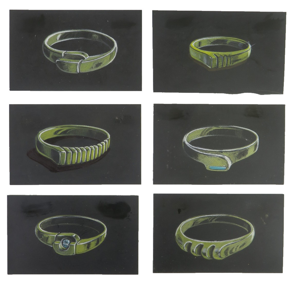LOT OF 6 ORIGINAL SKETCHES FOR HIGH JEWELRY DESIGN RINGS AND BRACELETS B5