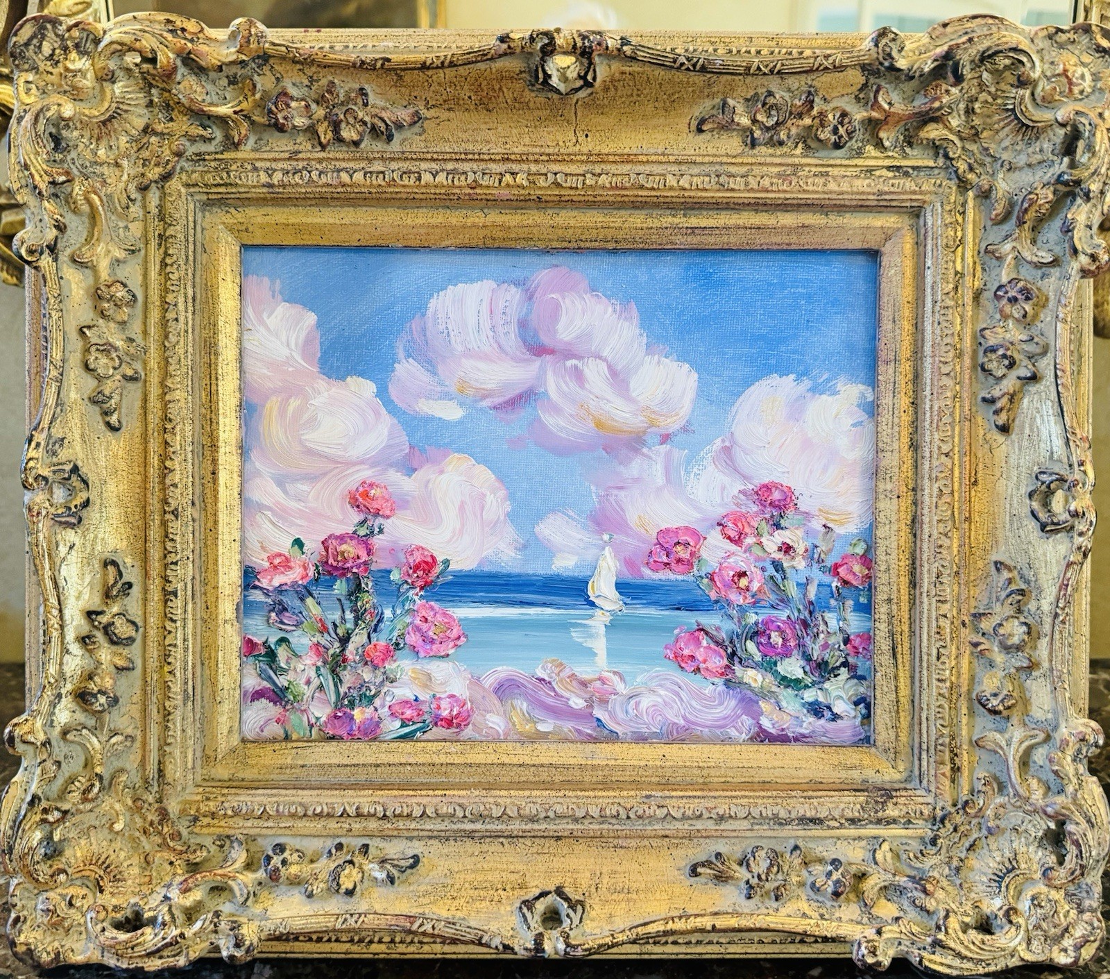 KADLIC Original Oil Painting Wildflowers Seascape Impasto Gold Gilt 15″ Frame