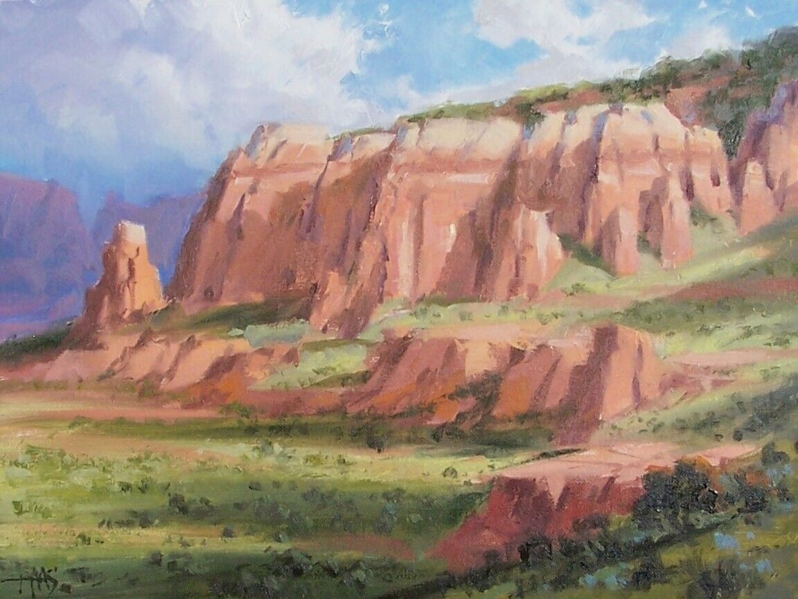 TOM HAAS painting ‘Casner Mountain’ oil 12″x16″ Sedona Arizona cliffs sky clouds