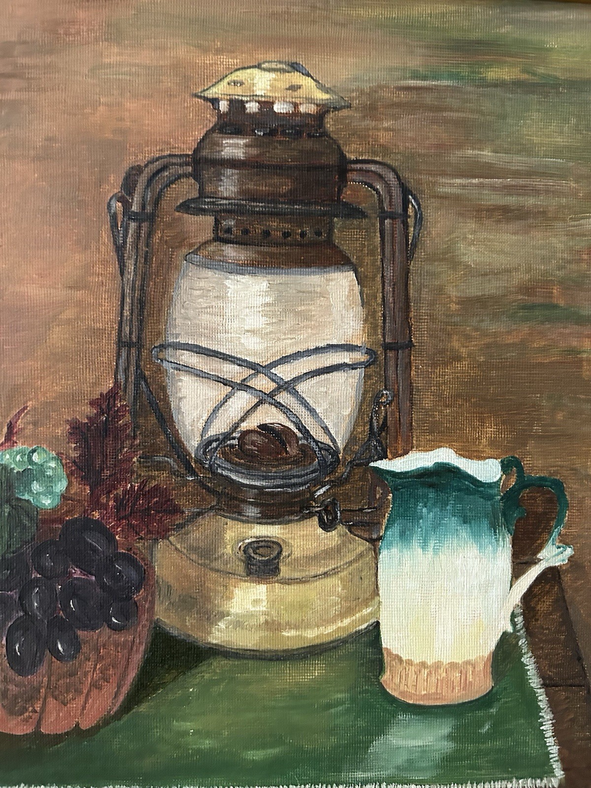 VTG Oil Painting Outsider Naive Still Life Camping Folk Art Framed 15×17 Signed