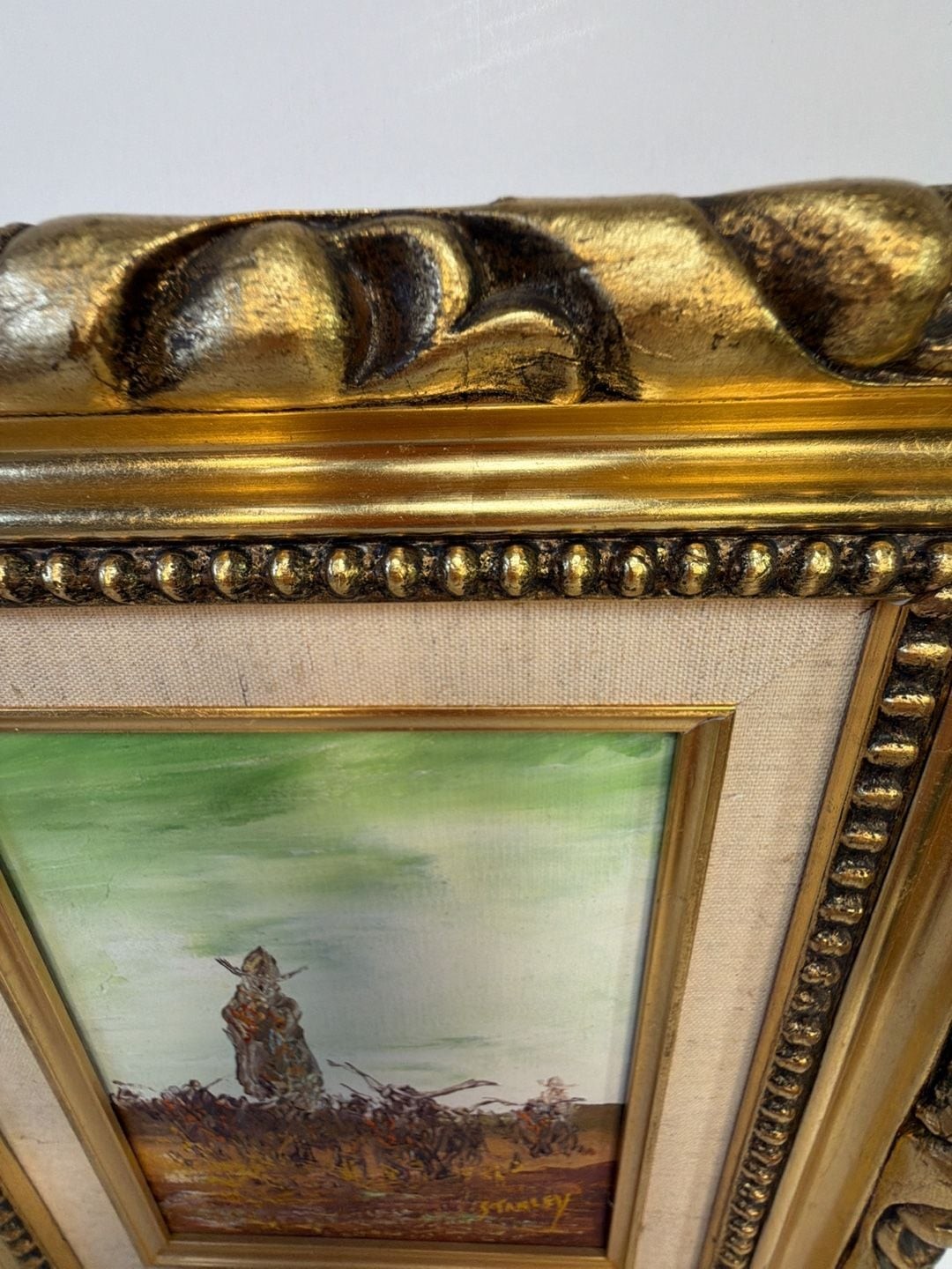 Vintage RC Stanley Western Cowboy Oil Painting on Canvas in Ornate Gold Frame