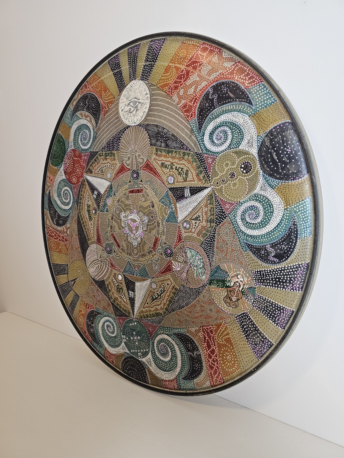 ART – Original Signed Abstract Mandala Pointalism Painting on 25 Inch Drum Head