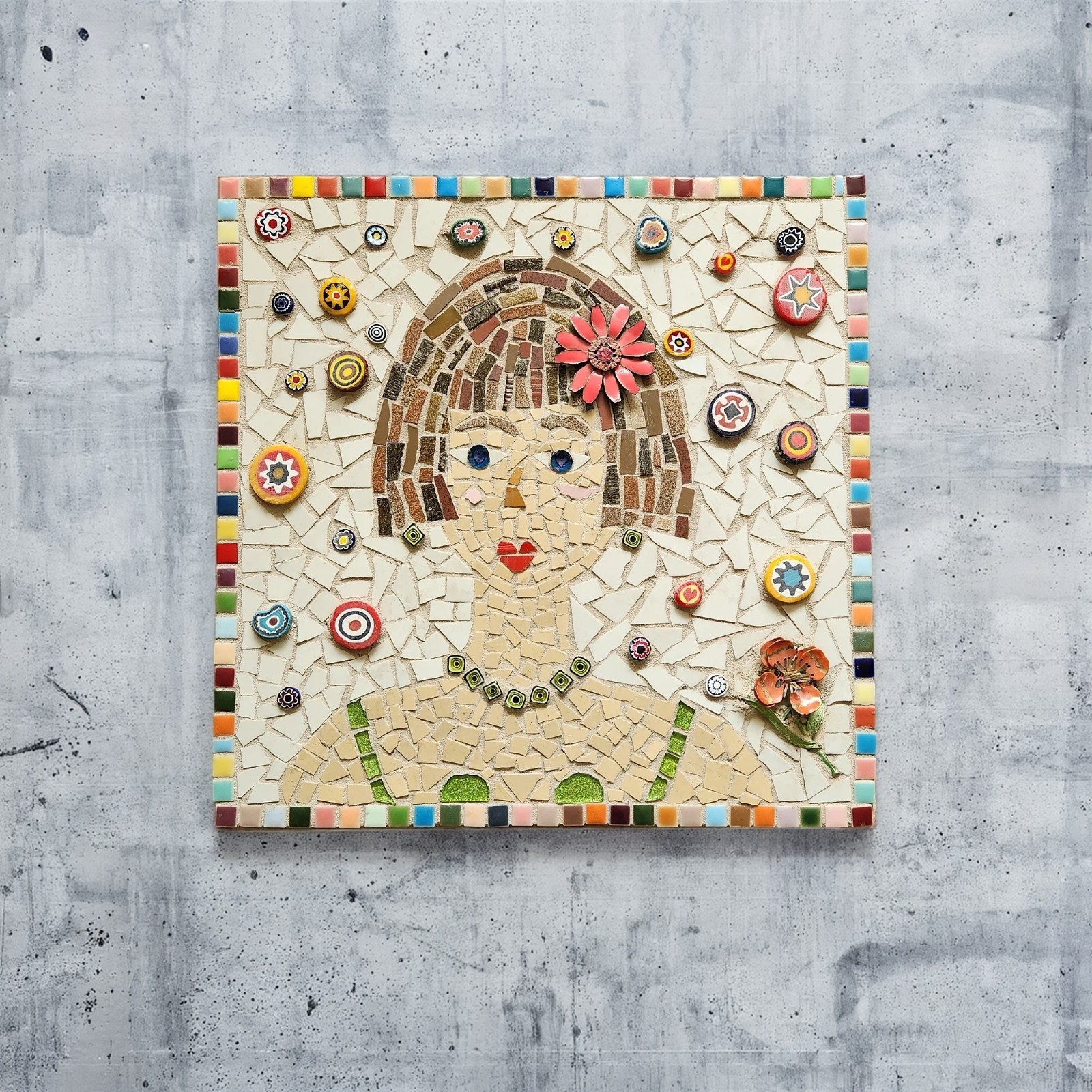 13×13″ Handmade Mosaic Portrait Wall Art, Colorful Folk Art Woman Tile Panel