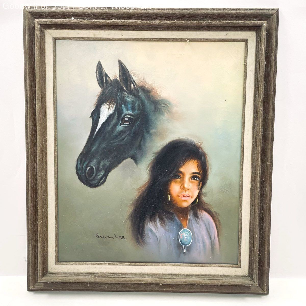 VNTG Signed Steven Lee Native American Child With Black Horse Framed Painting