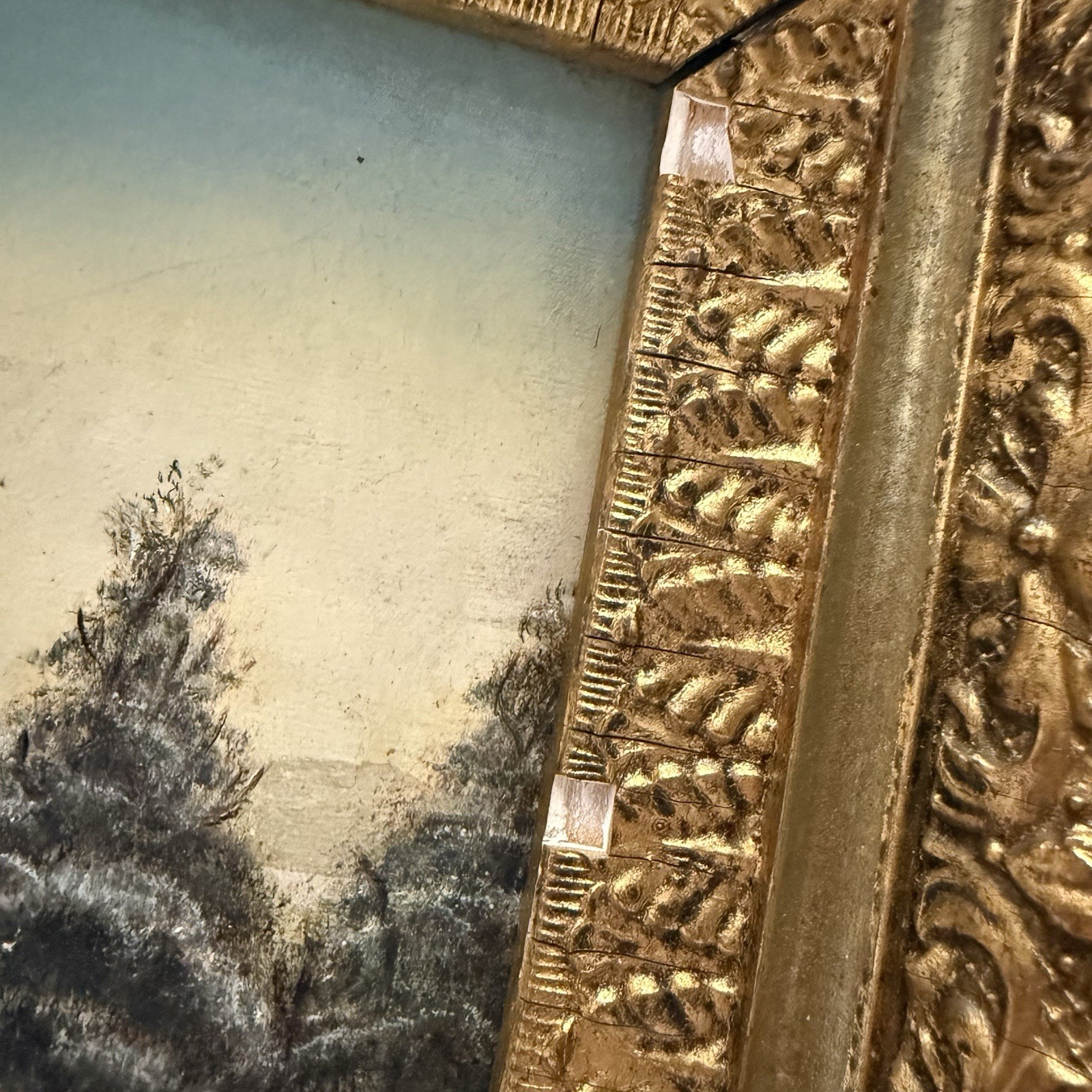 Vintage Original Winter Scene Landscape Red Cabin Painting Framed 8×10 in.