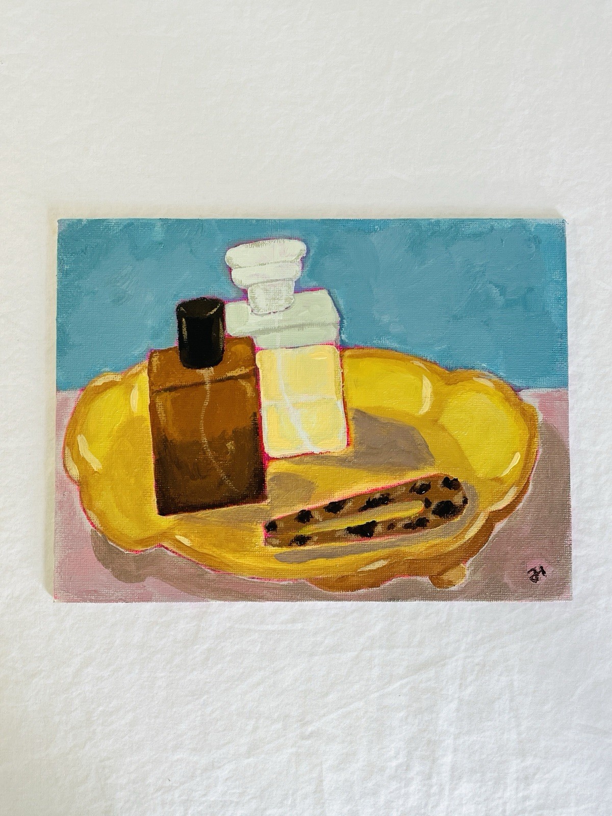 Original Painting Still Life of Vanity Tray French Hairpin and Perfume Bottles