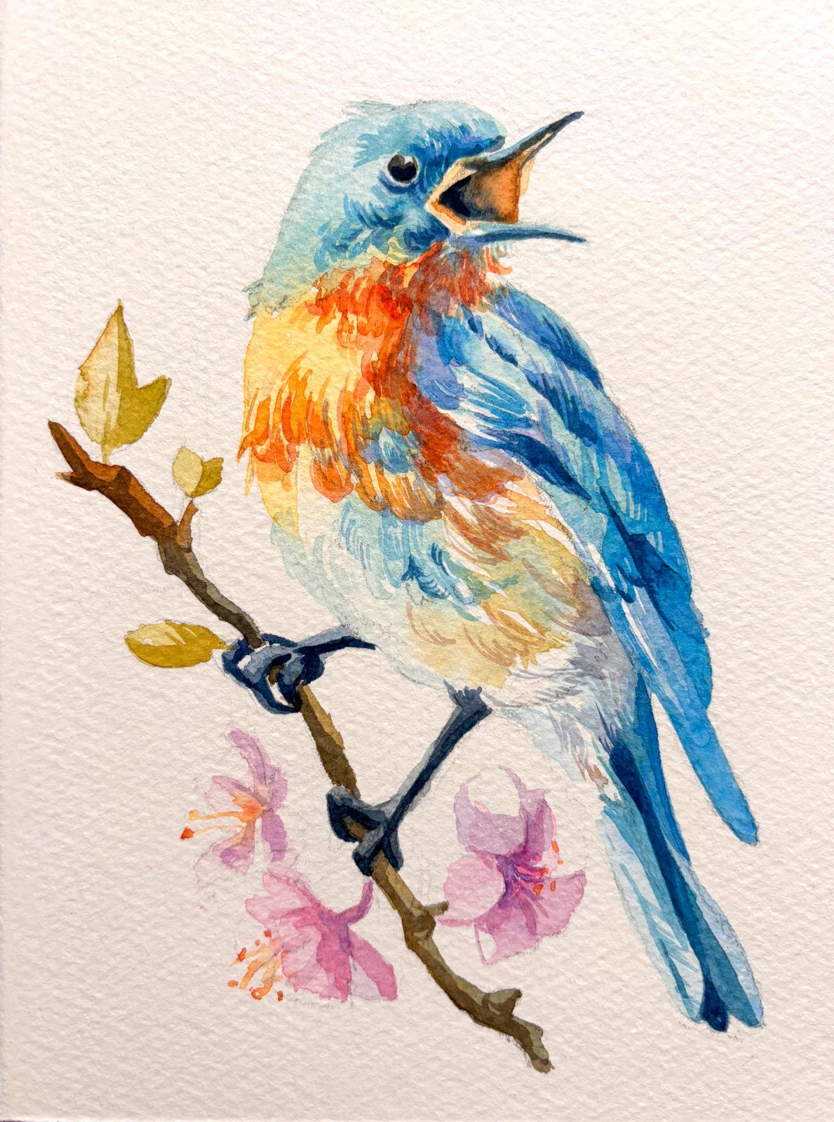 Original Watercolor «Spring Serenade» | Blue Bird on Apple Blossom | Artist Pain