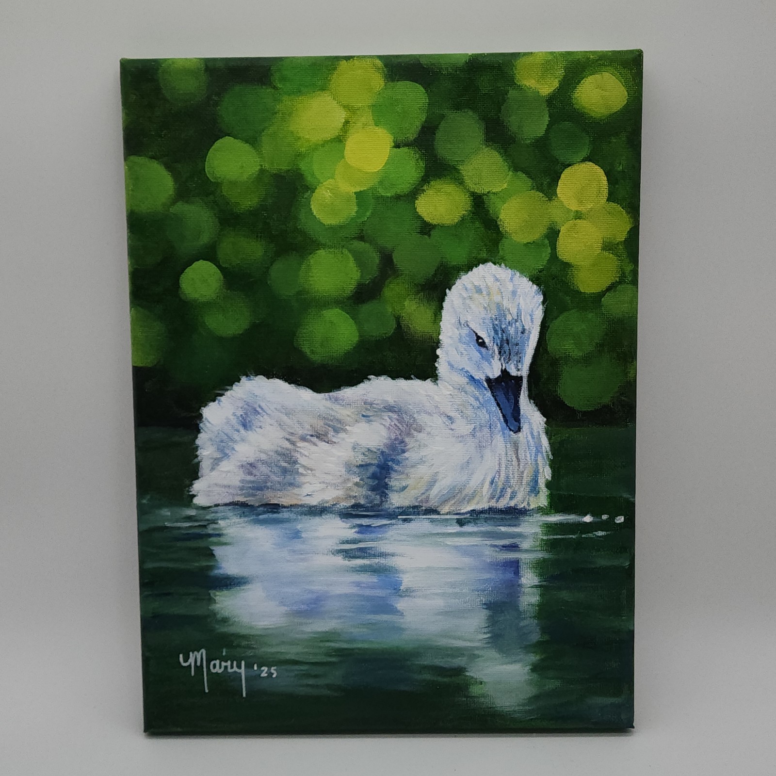 Original Painting Acrylic On Canvas 9 X 12in White Swan Signed
