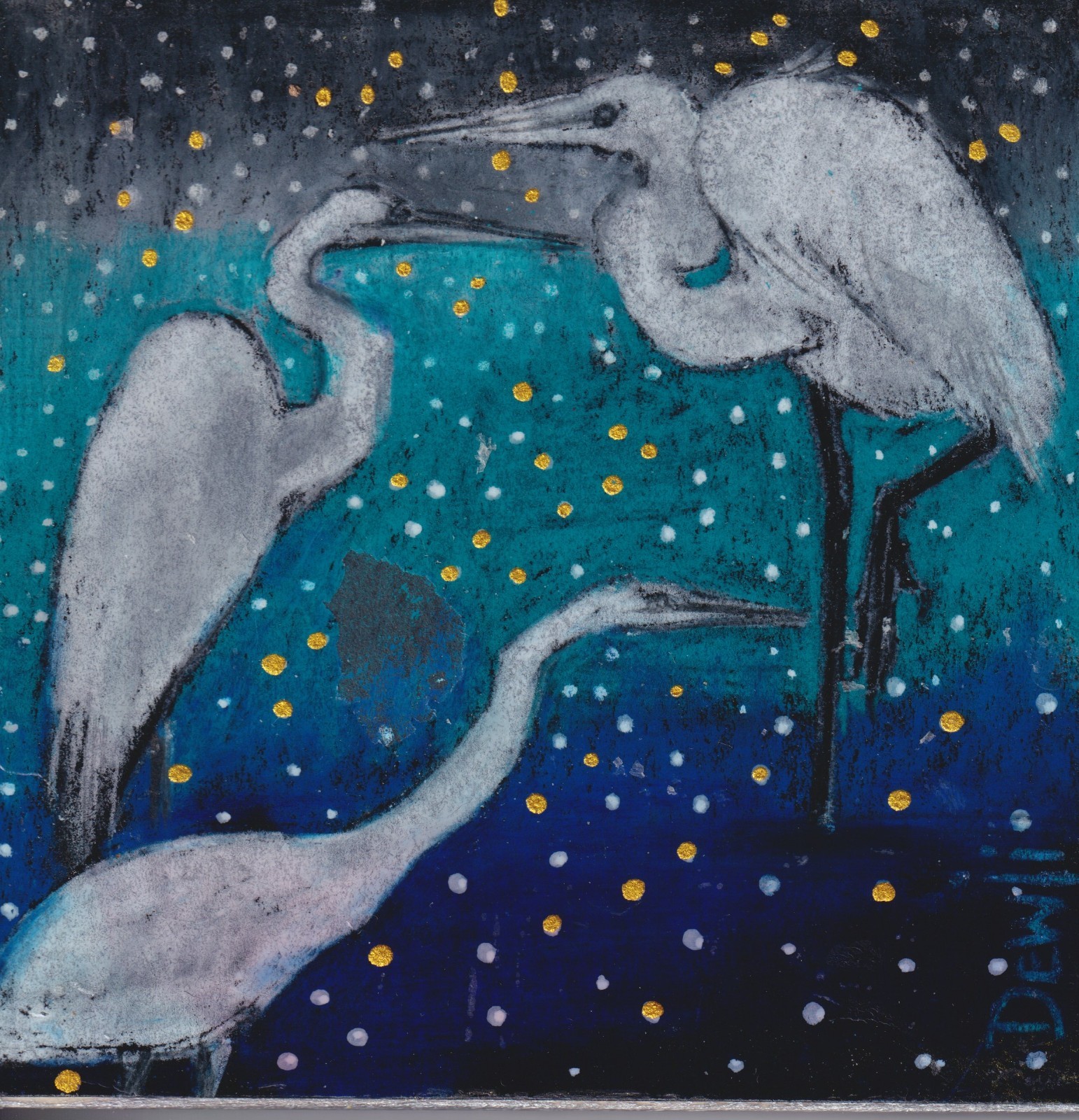 Egrets 1- original art mounted on wood panel, shades of blues 4″x4″ $30