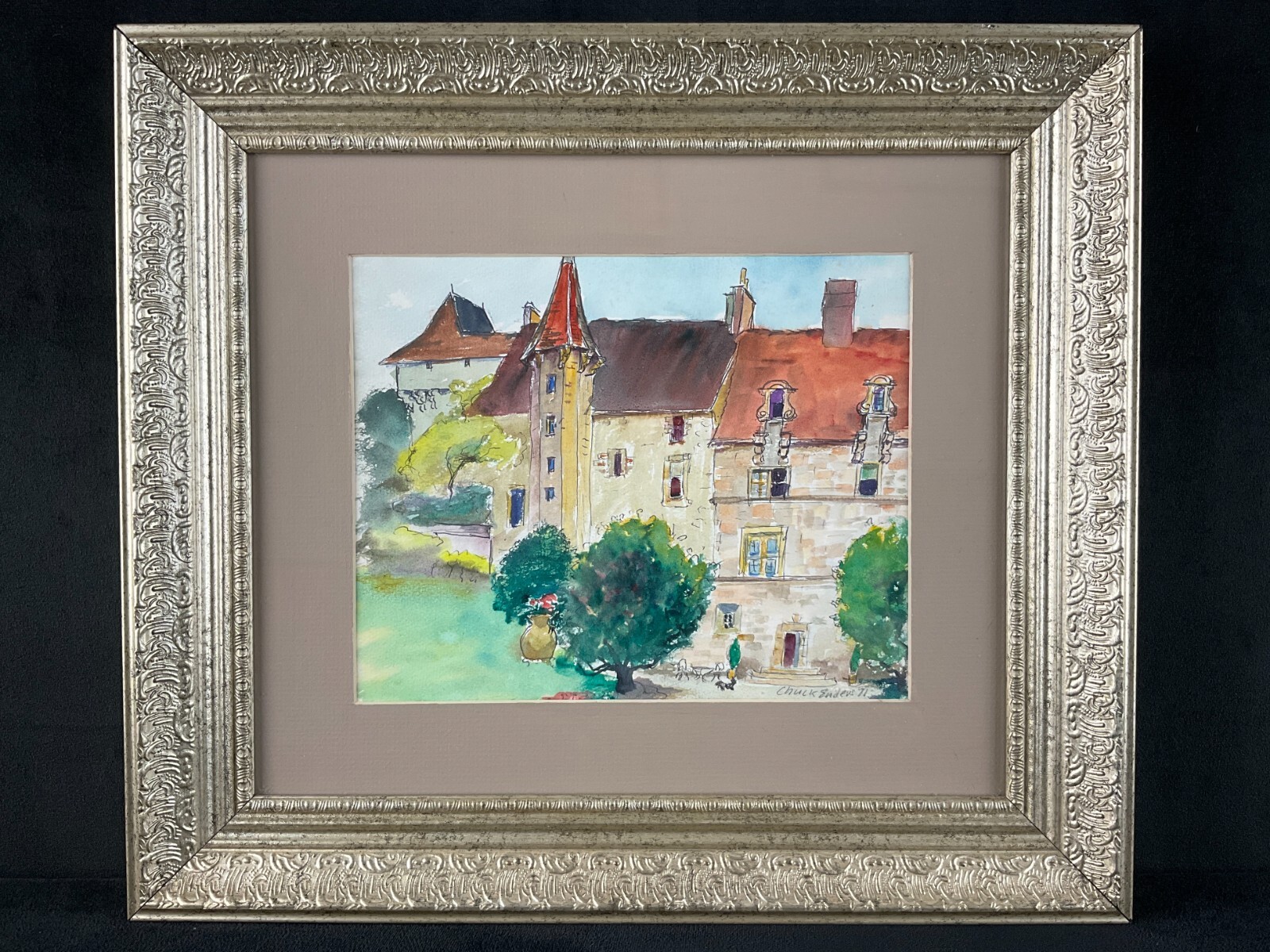 Vintage Framed Original Watercolor «View of Castle Manor» By Charles Enders