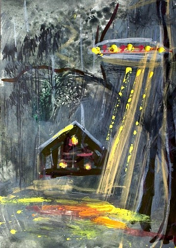 Original ACEO Painting CABIN Spaceship FOG Rain Night TREES Universe UFO ATC ART