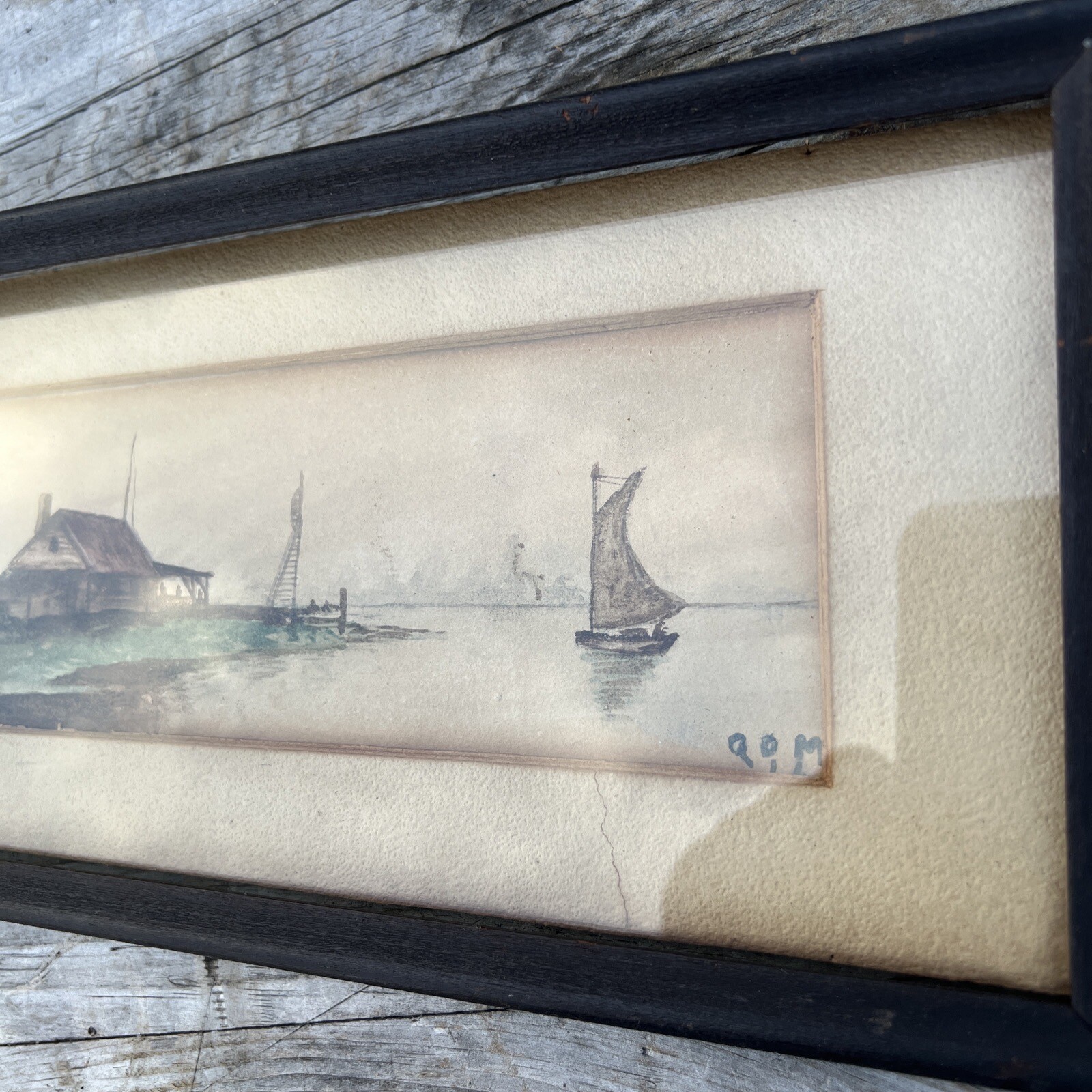 Watercolor on Paper signed dated 1916 house on Bay boat 11″ x 3 1/2″