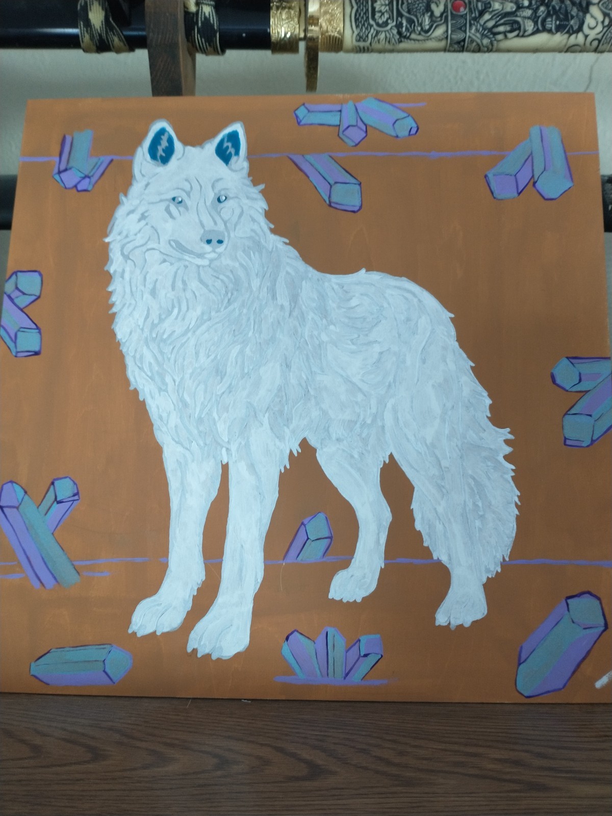 White wolf in a cavern setting. Hand painter using Acrylic paint