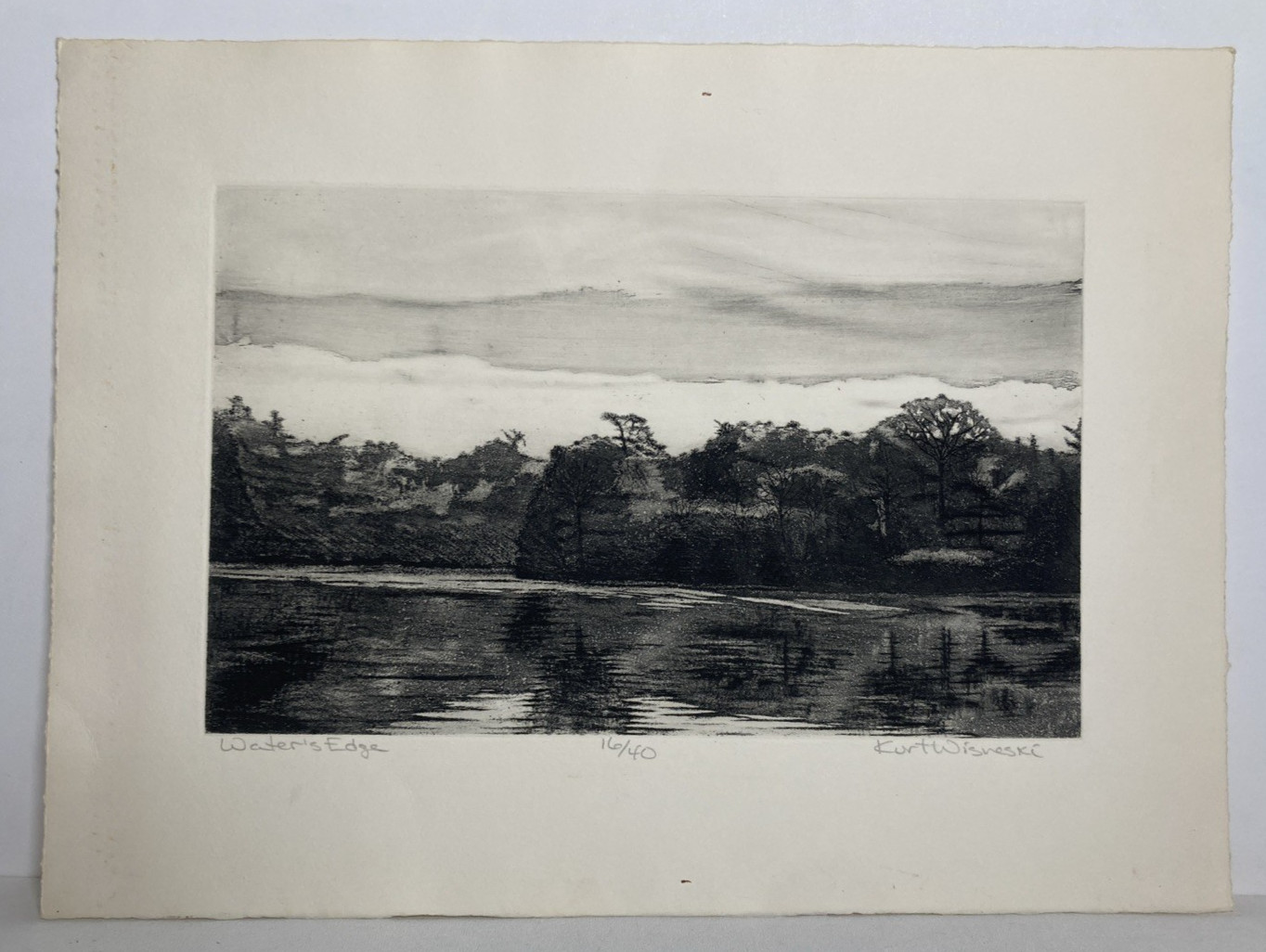 Vintage Original Etching Print Riverside Landscape Trees Kurt Wisneski Signed