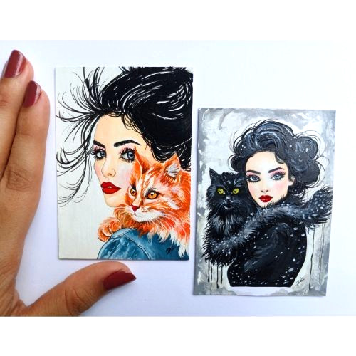 02Pcs ACEO Original Cat Lady Animals Love Mini Art Set Acrylic Hand Painting NEW