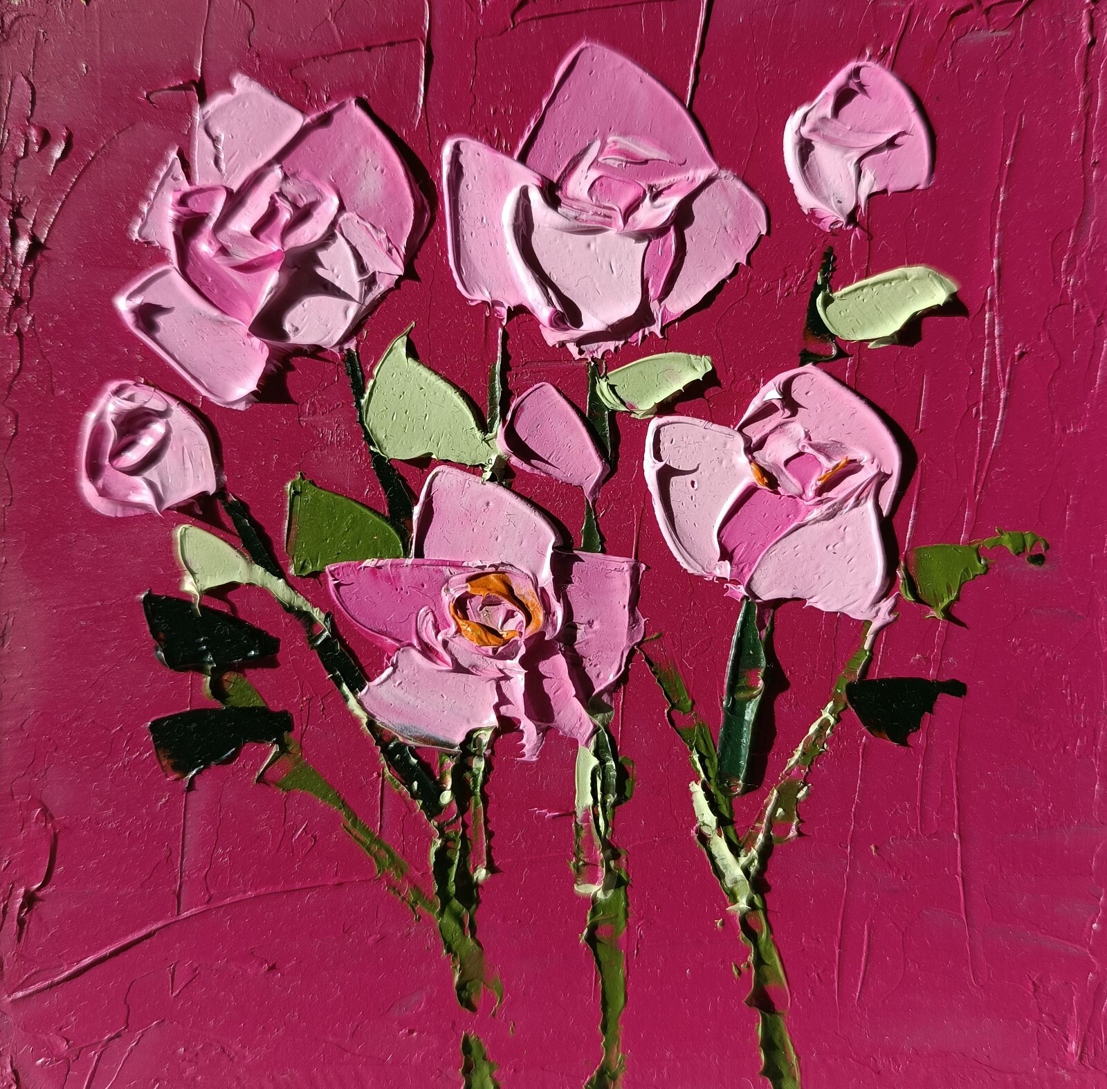 Handmade original impasto pink rose flowers floral oil painting 4.5 x 4.5 in