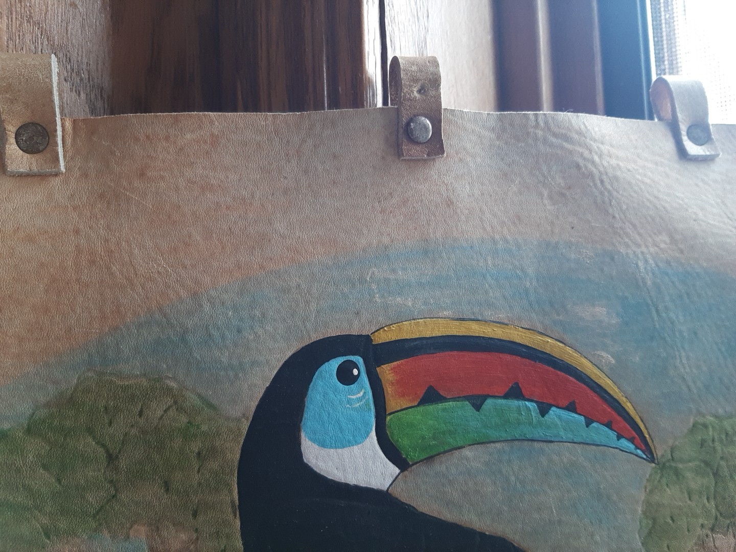 Vintage Toucan Bird Vibrant Painting On Leather Wall Hanging 13″x 9″ Ecuador