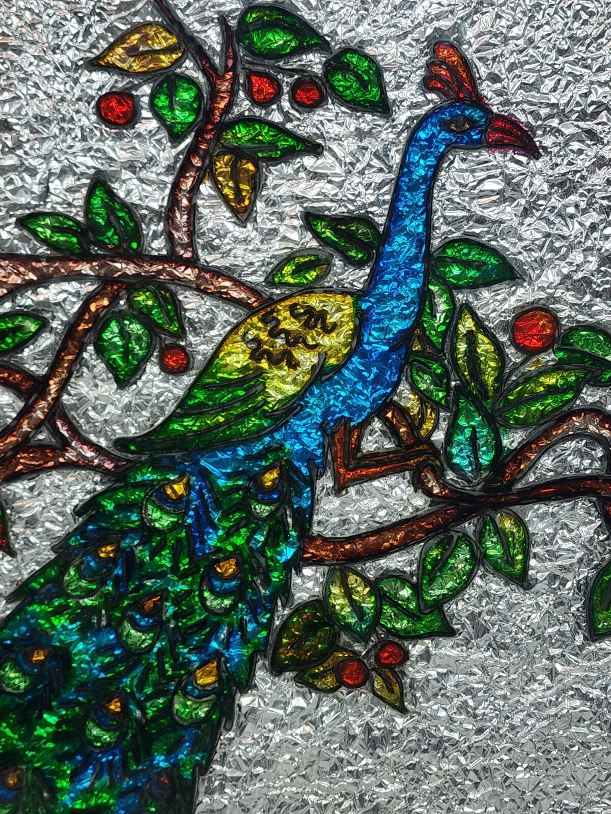 Vintage Aluminum Foil Art, Peacock, Reverse Painted