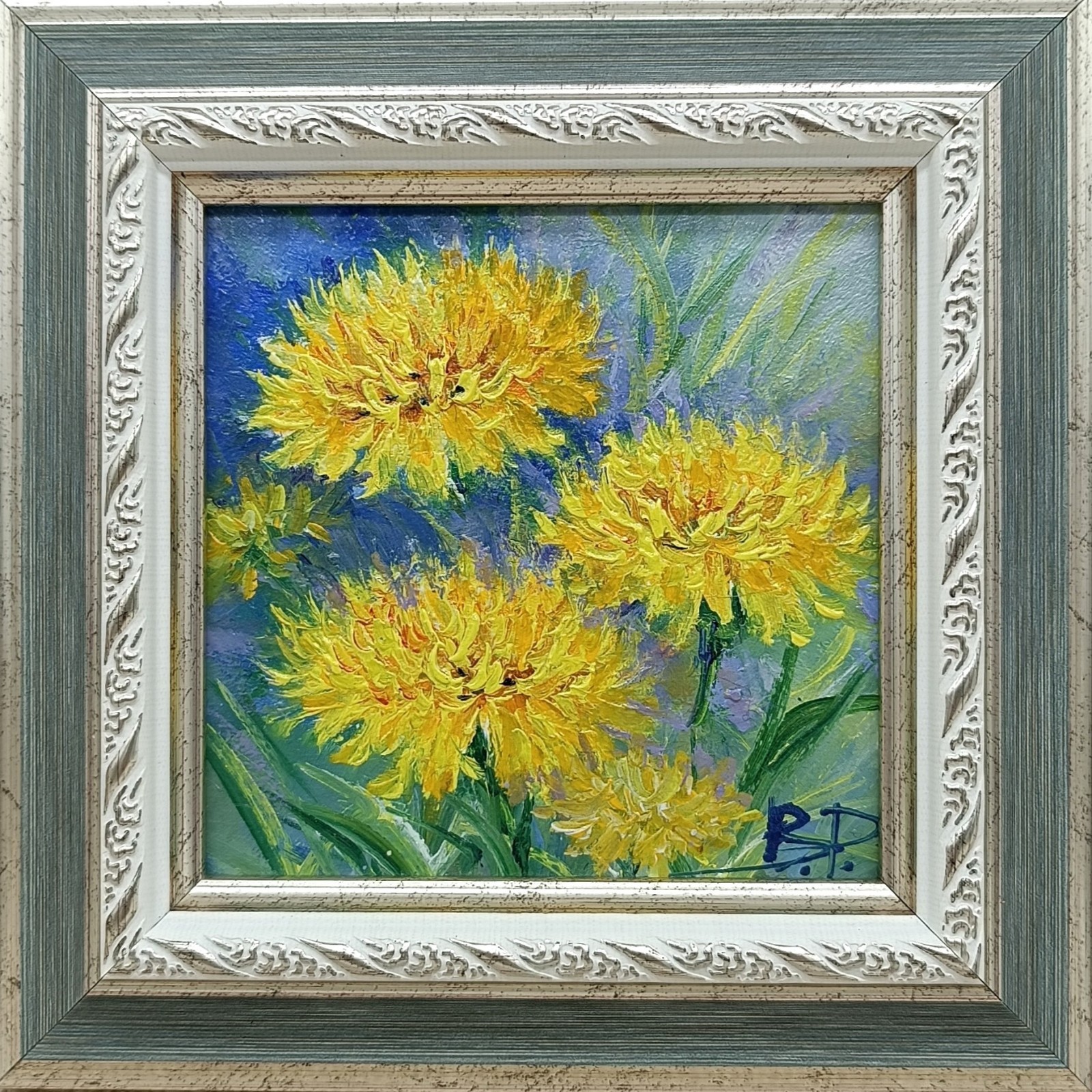 Signed Oil Painting Dandelion Original Floral Art Framed 4×4
