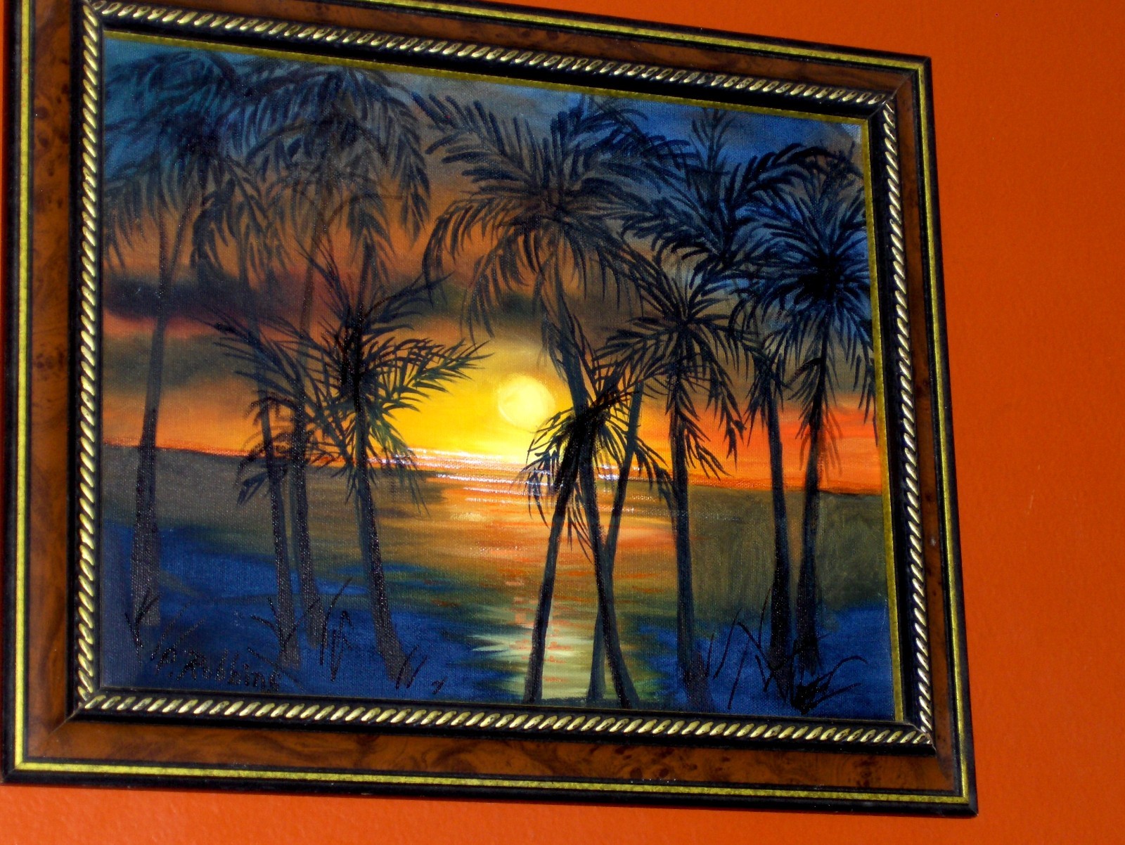 Lake Landscape Sunset Reflections Sea shore Palm Trees by Water Oil Painting