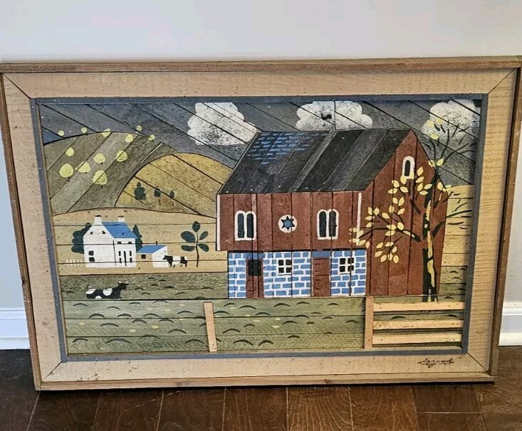 Vintage Theodore Degroot Lath Art Farm Wood Mosaic 37×25 Signed Folk