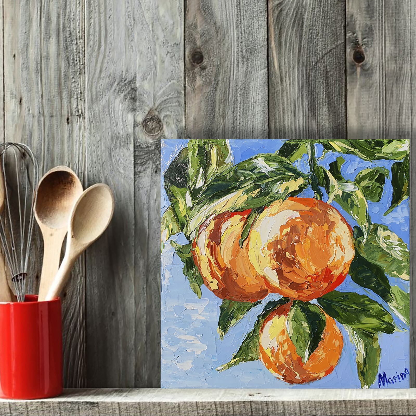 Orange Painting Tree Branch Original Art Citrus Fruit Still Life Small Vegetable