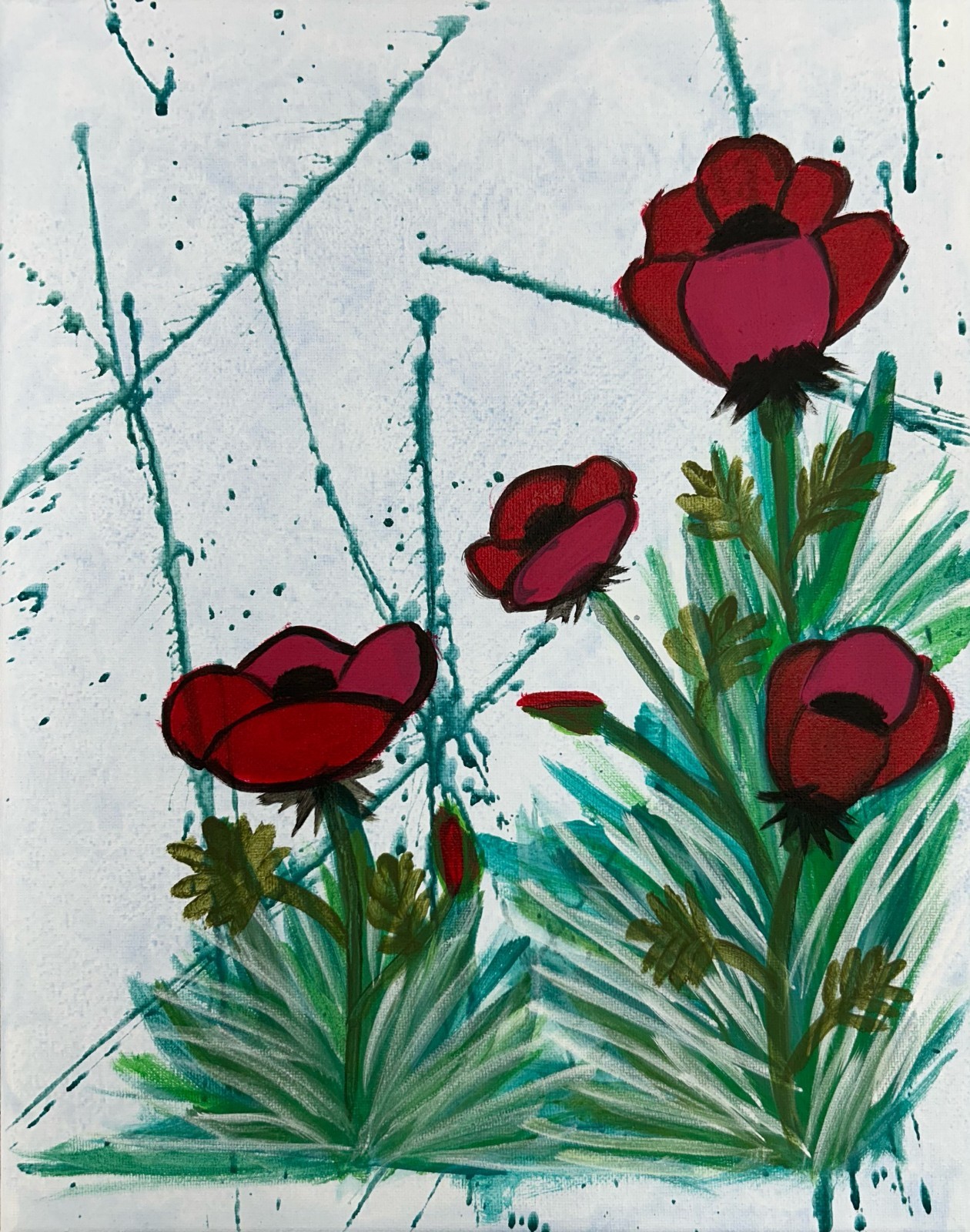 Original Minimalist 11×14 Acrylic Foral Canvas Signed Teal Red Painting