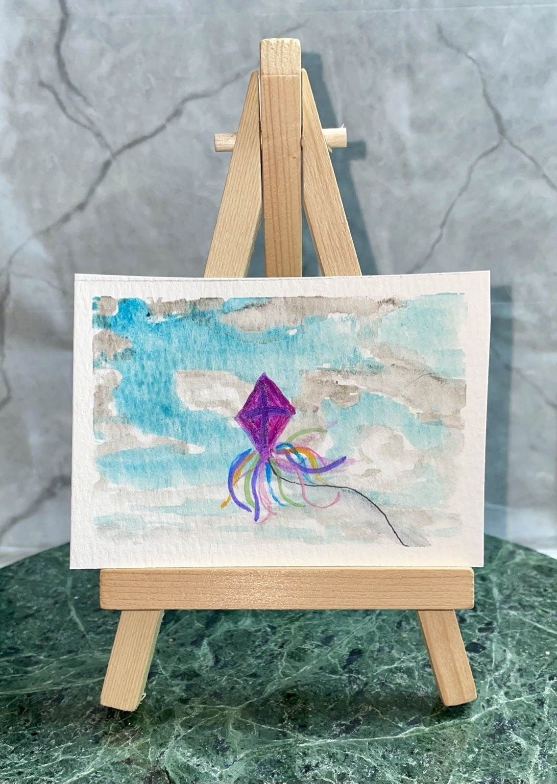 ACEO Original Kite Summer Day Cloudy Sky Watercolor 2.5 x 3.5 H.Frey